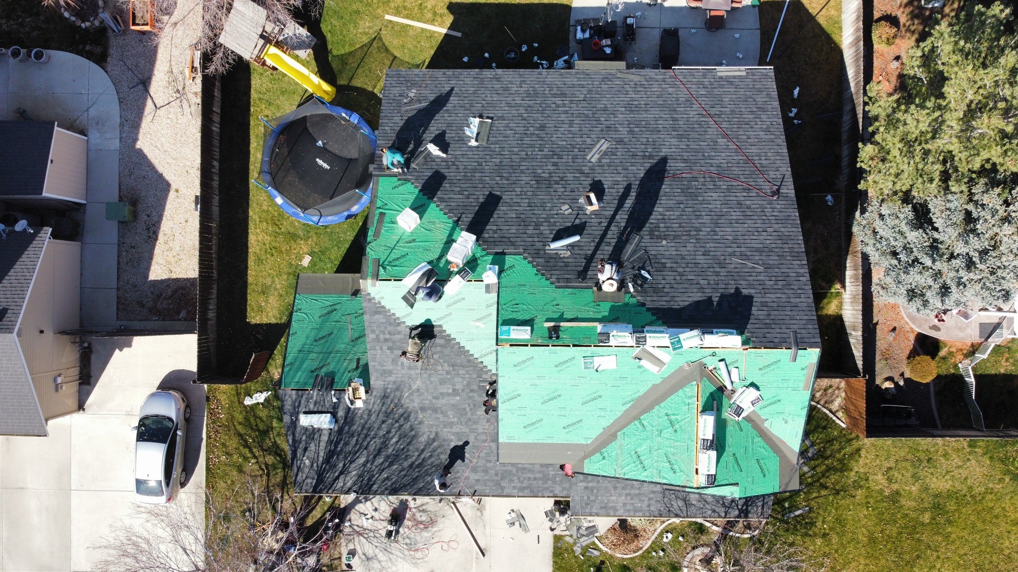 Roof installation in progress from drone view