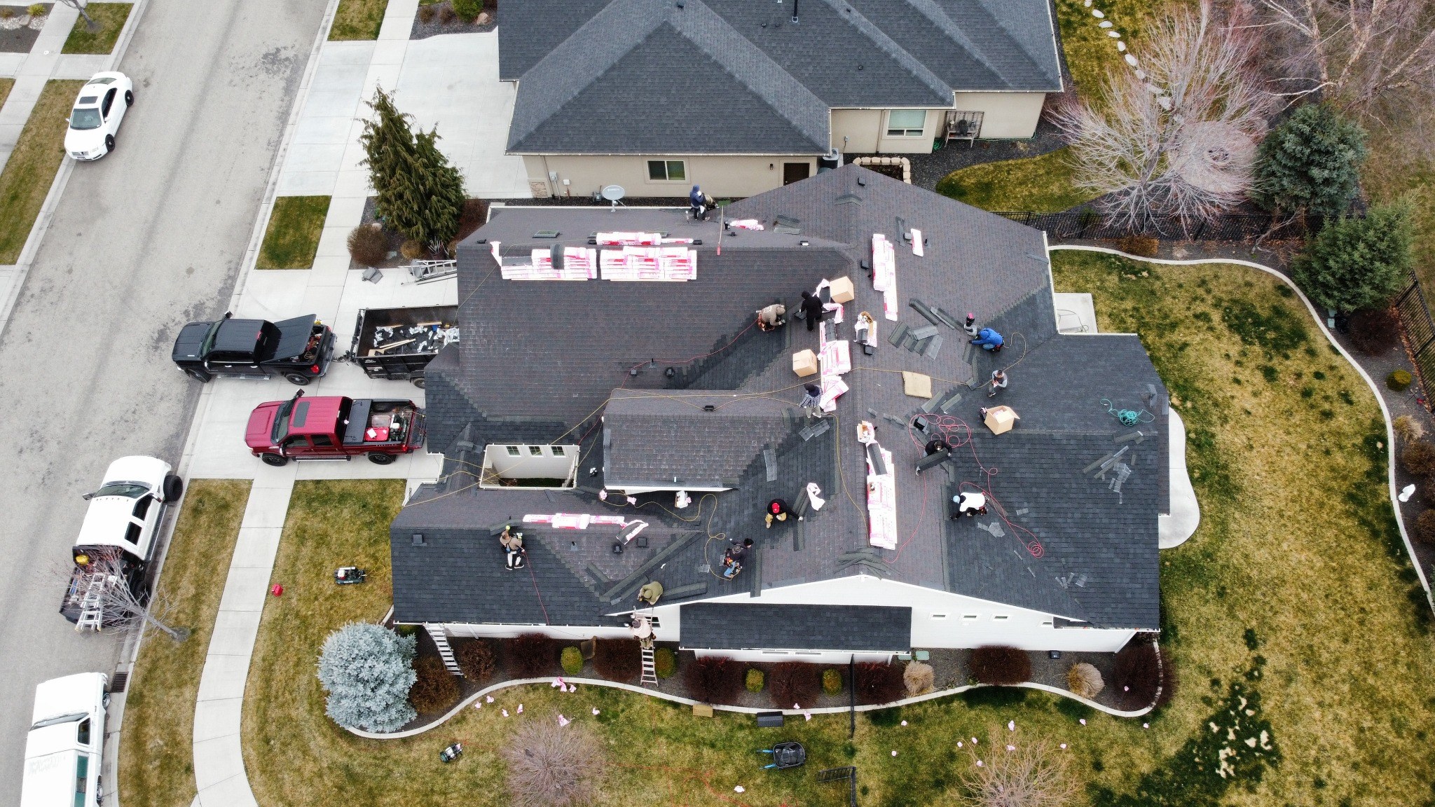 Large roof replacement project from drone view